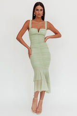 Nadia Ruched Fishtail Maxi Dress Pistachio
