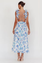 Madara Lace-Up Back Maxi Dress Floral Blue