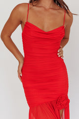 Stole The Show Ruched Mesh Maxi Dress Red
