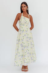 Auriana Asymmetric Neckline Halter maxi Dress Floral Lemon