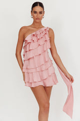Arrabel Tiered Ruffle One Shoulder Mini Dress Pink