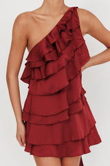 Arrabel Tiered Ruffle One Shoulder Mini Dress Wine