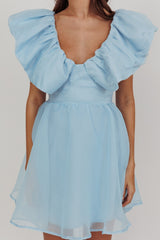Kahlo Ruffle Neckline Mini Dress Blue