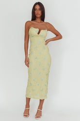 Horizon Strapless Textured Floral Midi Dress Green