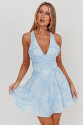 Lavalle Criss-Cross Floral Embellished Mini Dress Blue