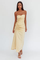 Molinda Strapless Ruched Drawstring Maxi Dress Golden