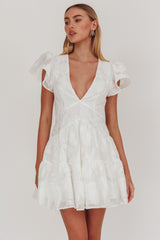 Irenna Ruffle Sleeve V-Neck Mini Dress Textured White