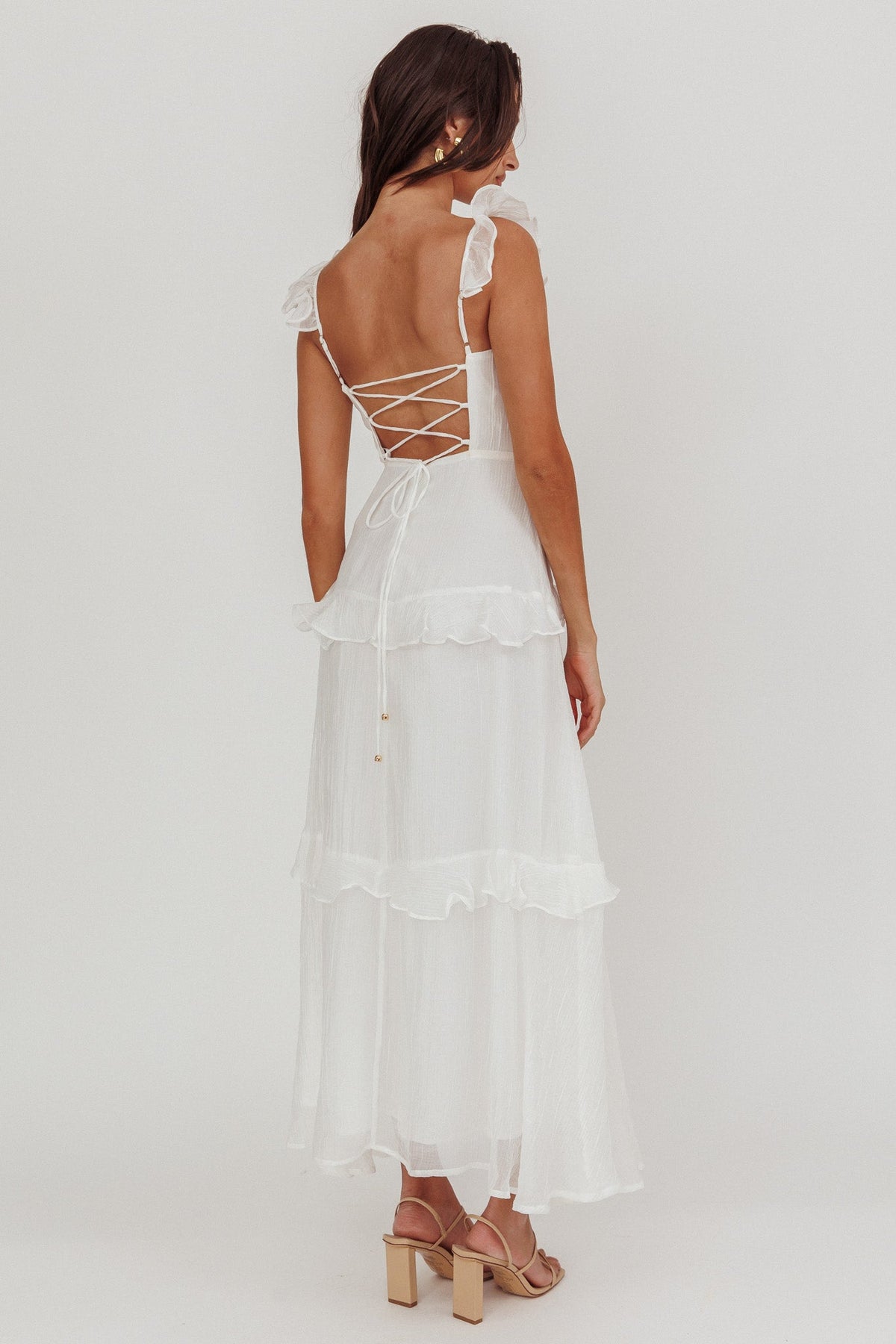 Moonlit Moment Ruffle Trim Lace-Up Back Maxi Dress White