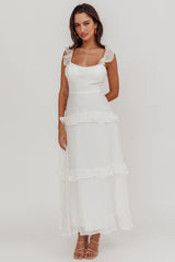 Moonlit Moment Ruffle Trim Lace-Up Back Maxi Dress White