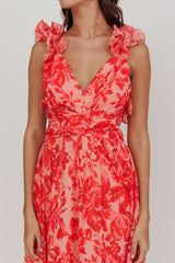 Madara Lace-Up Back Maxi Dress Floral Red