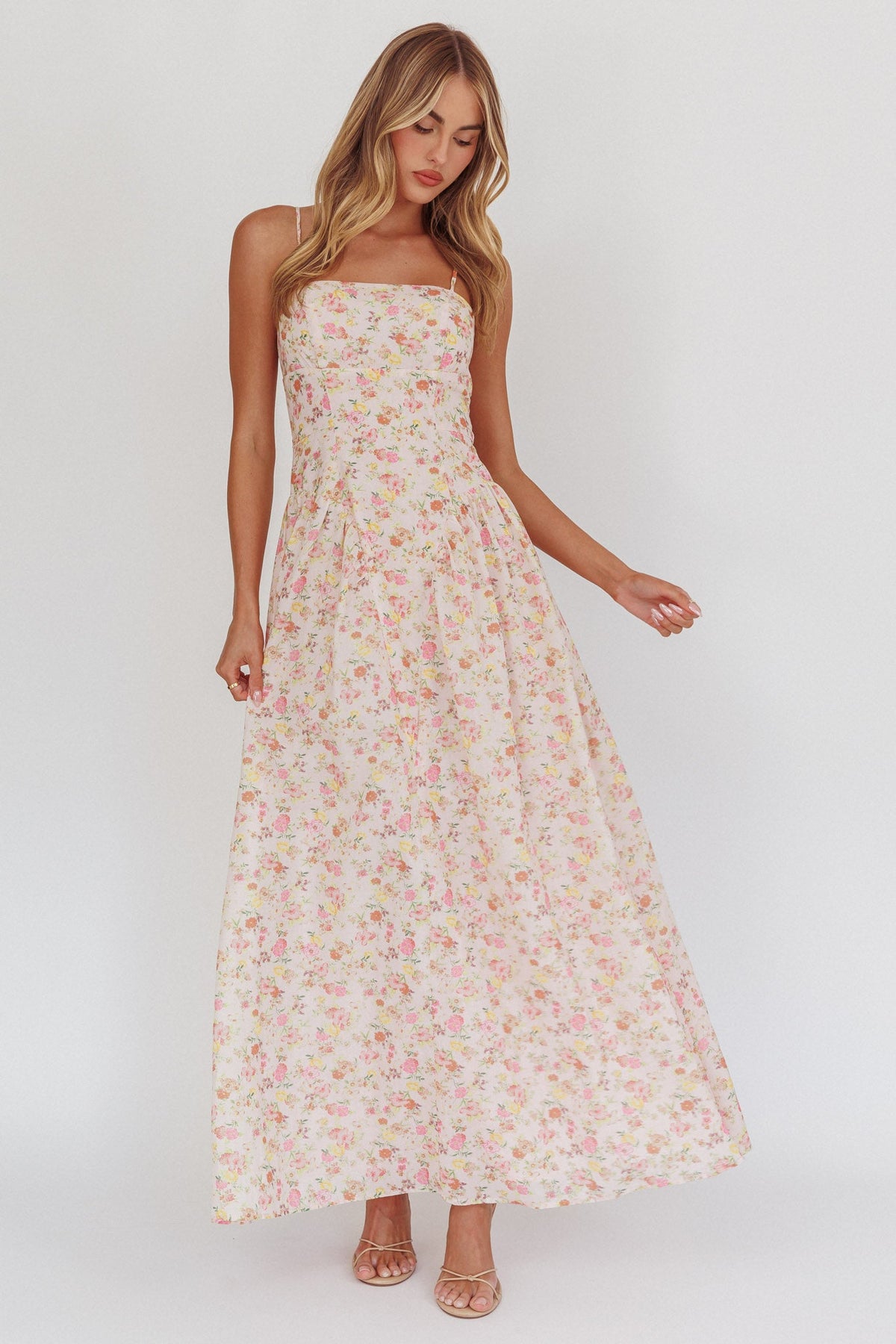 Daisy Day Basque Waist Maxi Dress Floral Pink