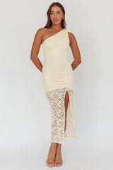 Lingering Love One-Shoulder Split Midi Dress Lace Yellow