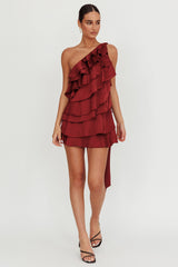 Arrabel Tiered Ruffle One Shoulder Mini Dress Wine