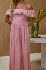 Serinah Basque Waist Off-Shoulder Maxi Dress Pink