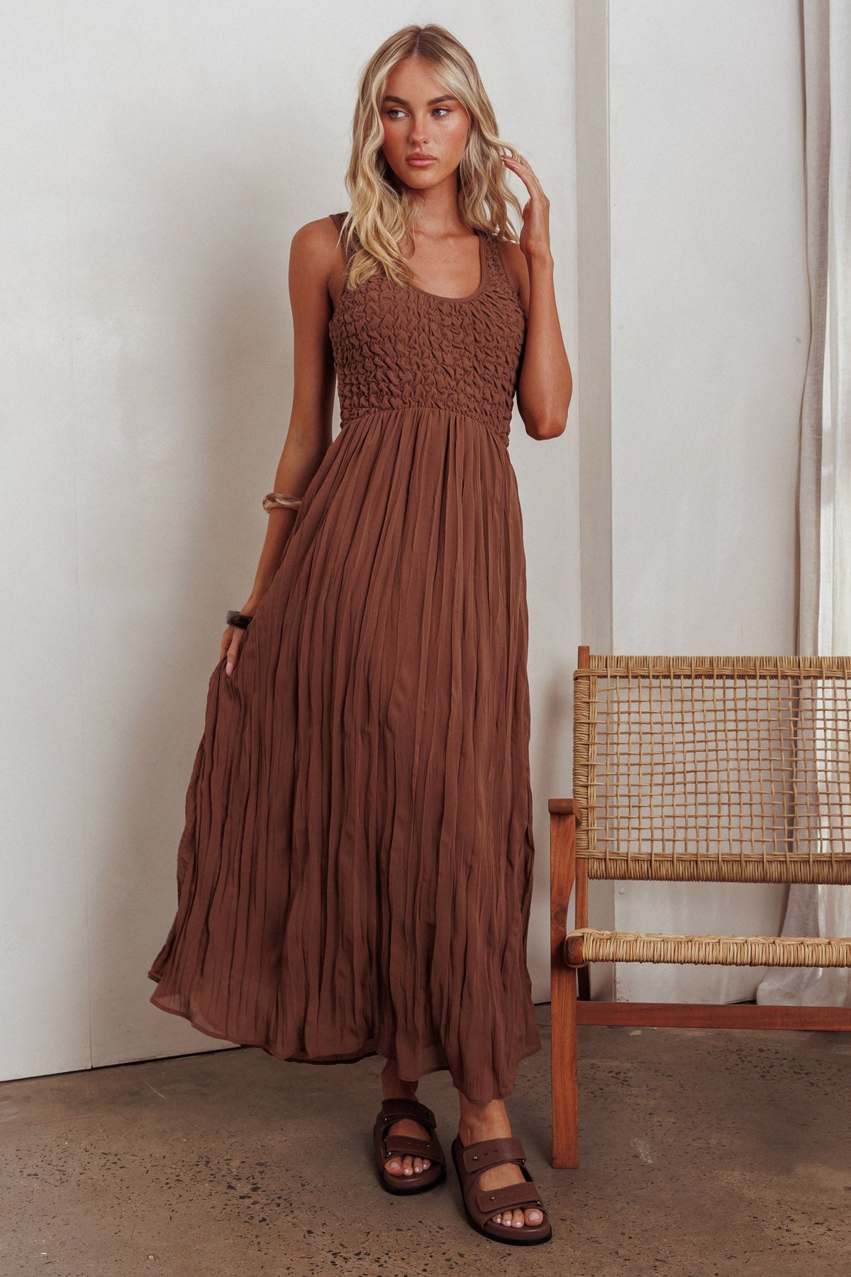 Mirella Smocked Bodice Maxi Dress Mocha