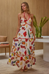 Asiah Gathered Bust Halterneck Maxi Dress Print White