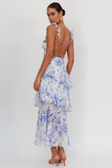 Veda Strappy Back Ruffle Maxi Dress Flowers Blue