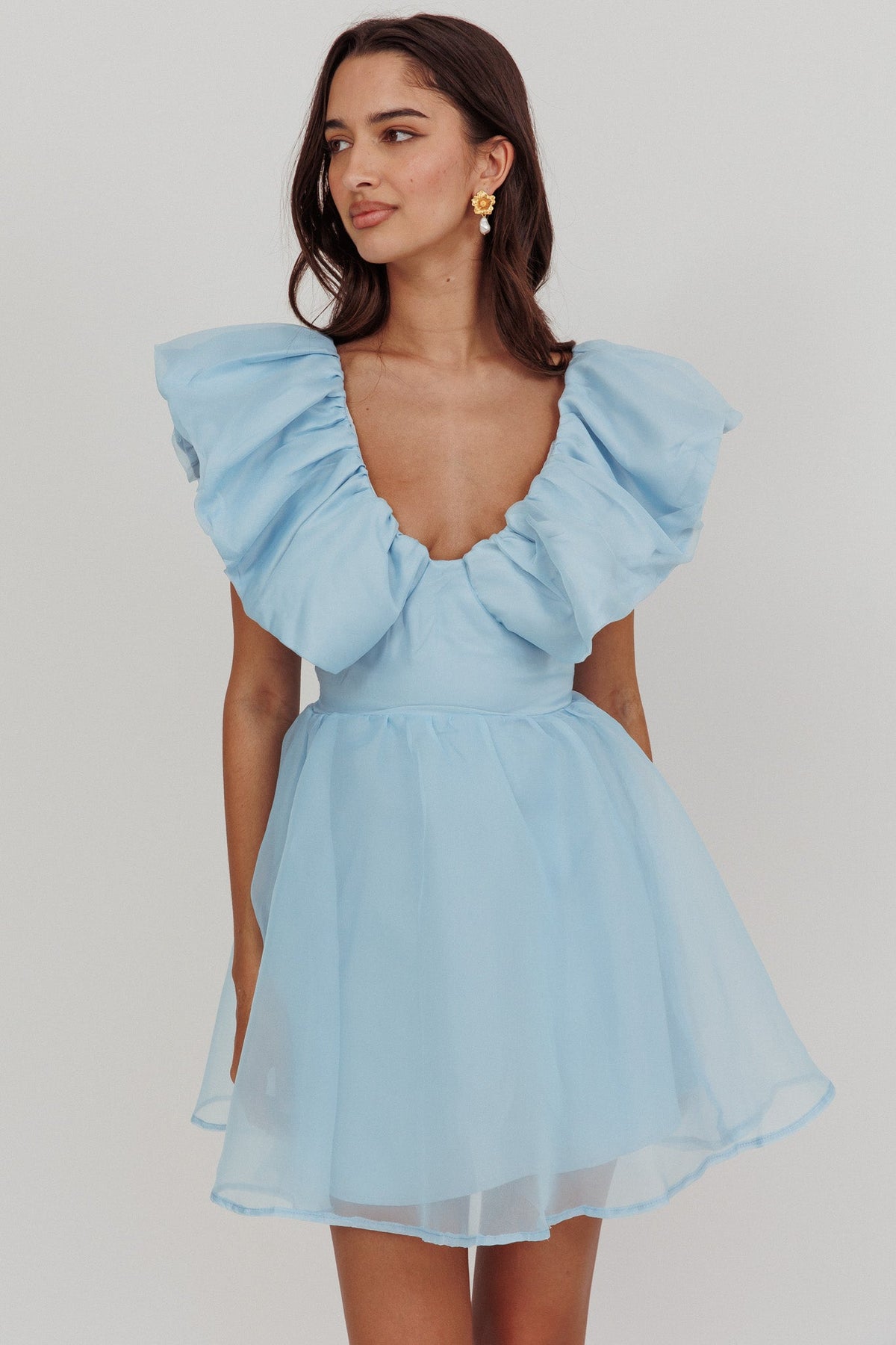 Kahlo Ruffle Neckline Mini Dress Blue