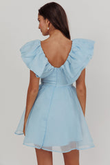 Kahlo Ruffle Neckline Mini Dress Blue